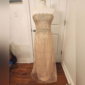 Embroidered Gold Vintage Prom Dress, Jessica McClintock, Strapless